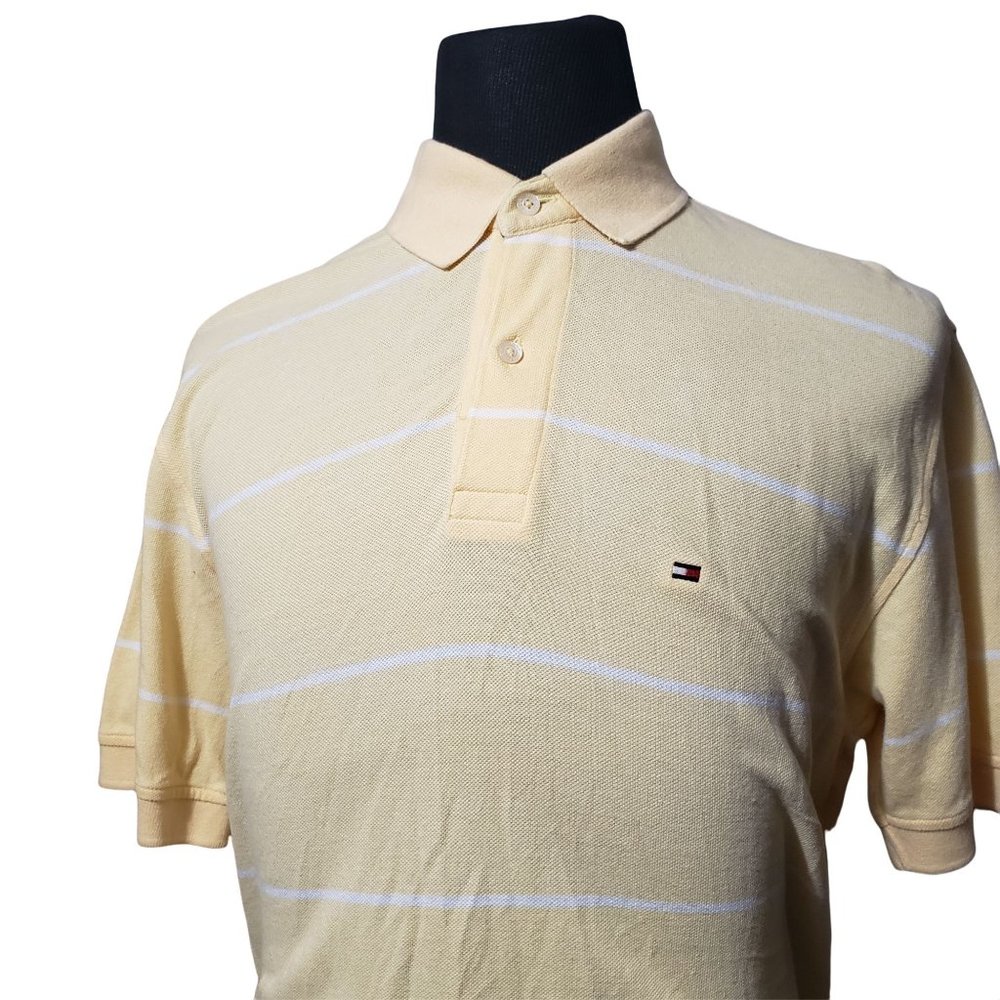 Tommy Hilfiger Short Sleeve Polo Shirt Large Yellow White Stripes
